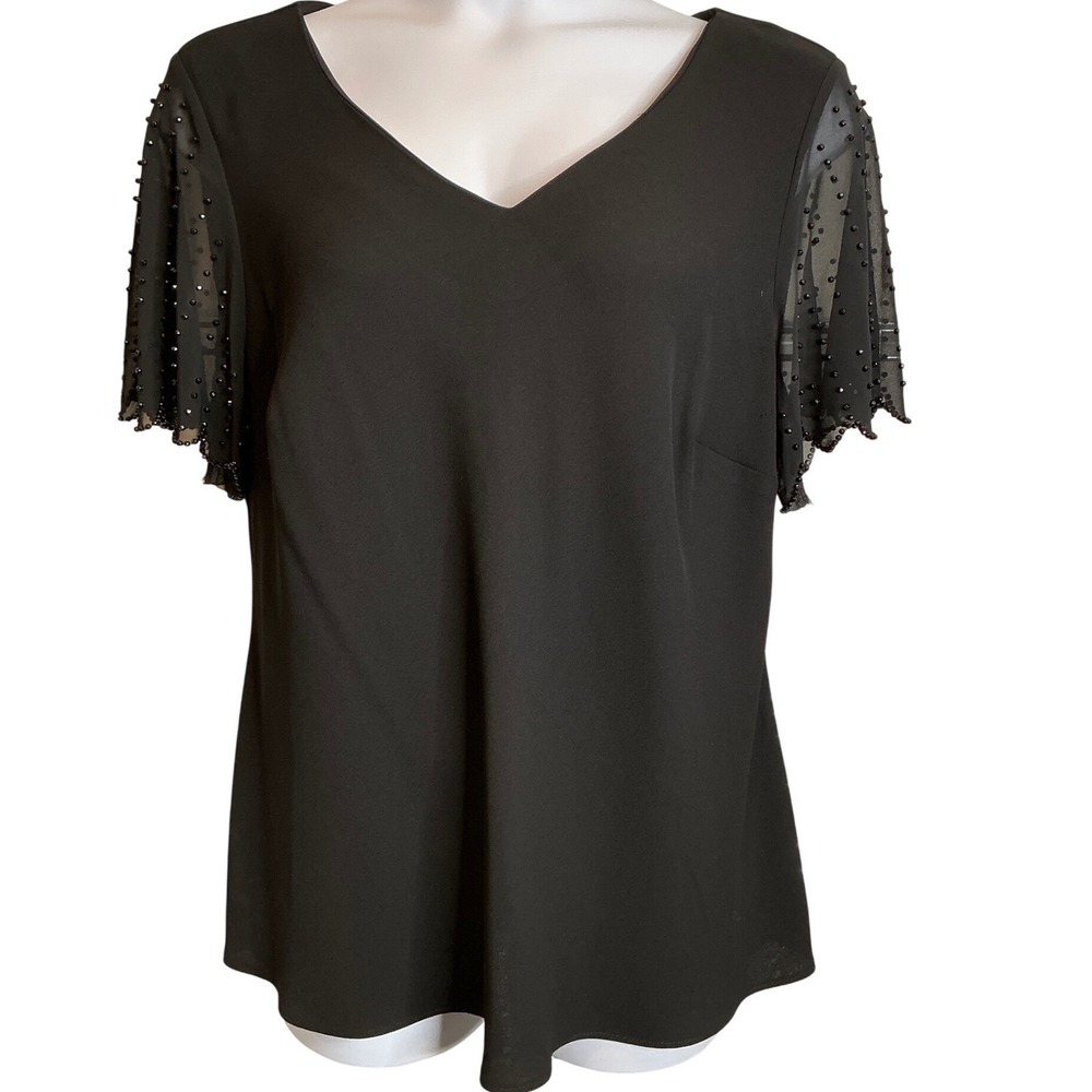 VTG S.L. FASHIONS Black Beaded Sheer Sleeve Blouse Size 18W Dressy Elegant Chic
